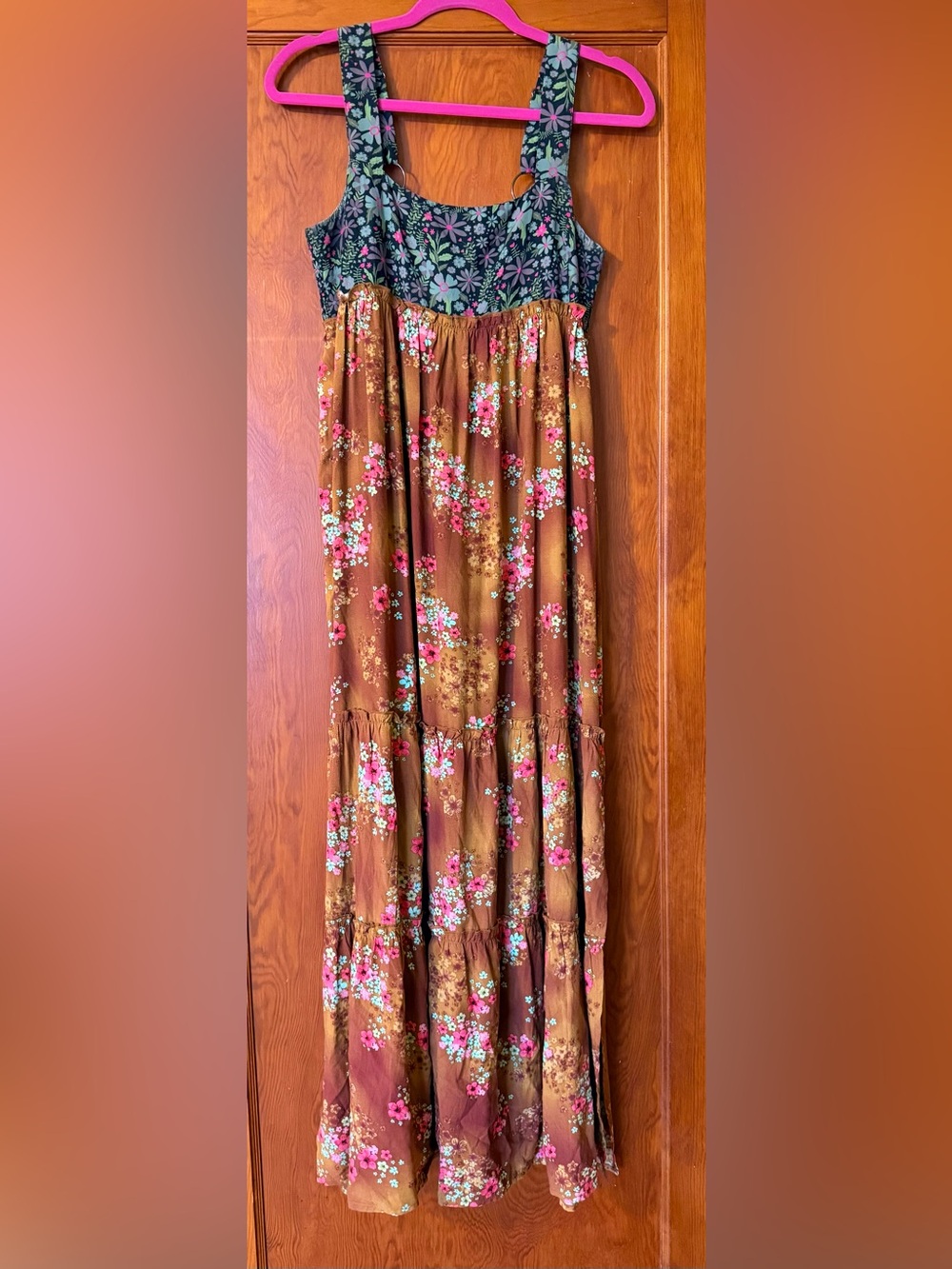 Natural Life -Floral Tiered Maxi Dress with Contrasting Bodice - Boho